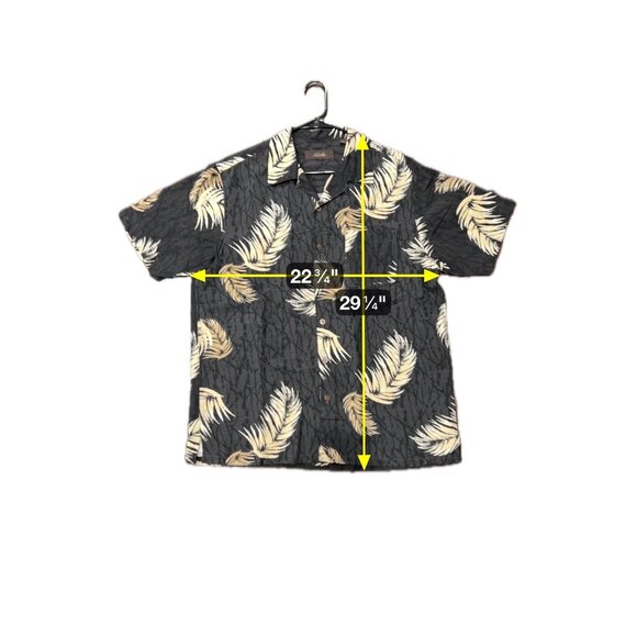 Tasso Elba Silk Button Front Hawaiian Shirt Black Beige Sz Large Feather Print - Picture 7 of 10